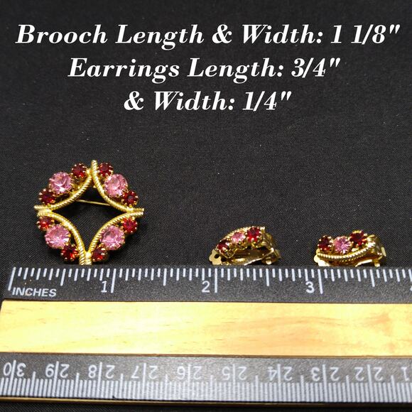 Vintage Red Pink Rhinestone Brooch Earrings Set, Gold Plated - Picture 8 of 10